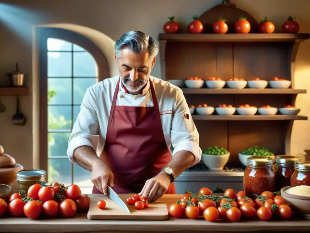 Chef italiano experto cortando tomates frescos en cocina toscana