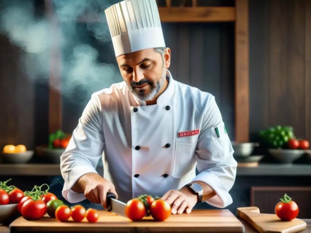 Chef italiano experto cortando tomates frescos con precisión en tabla de madera, transmitiendo pasión por la cocina auténtica