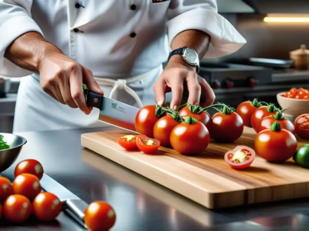 Un chef italiano experto cortando tomates frescos con utensilios especiales cocina italiana