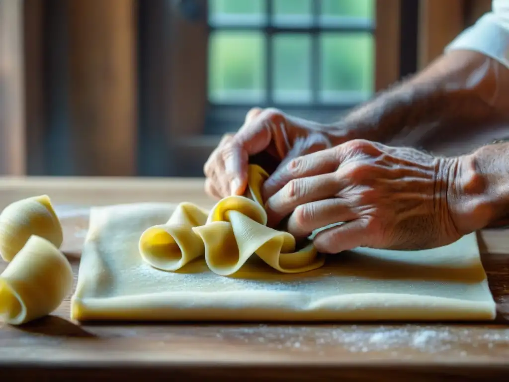 Un chef italiano experto moldea tortellini a mano con destreza, en una escena iluminada por luz natural