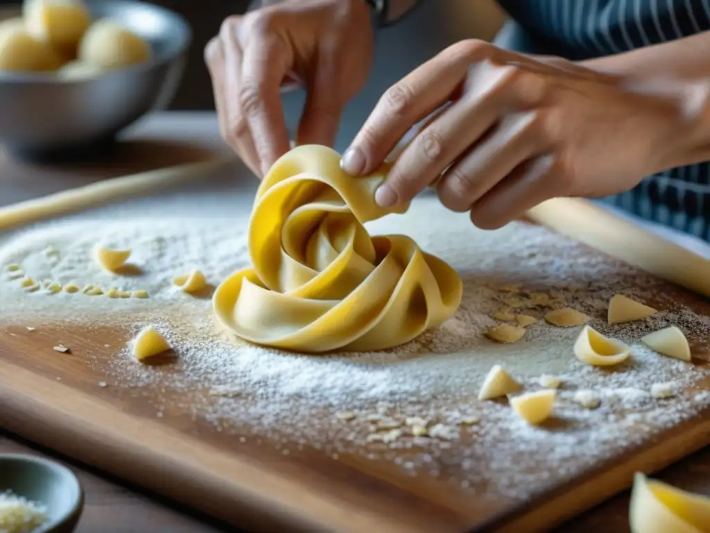 Un chef italiano experto moldea tortellini a mano con utensilios de cocina italianos auténticos