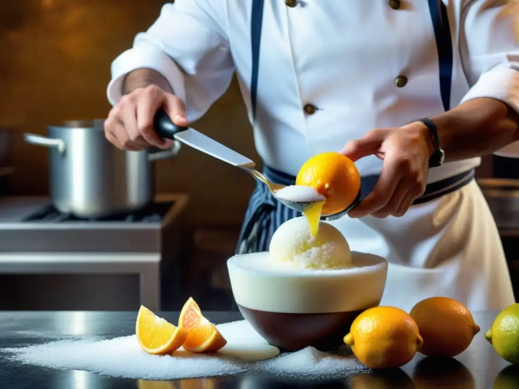 Un chef italiano experto prepara una tradicional granita siciliana en una cocina auténtica