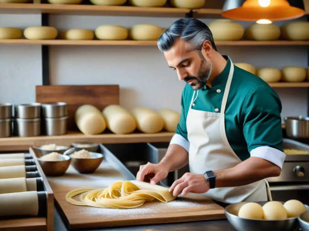 Un chef italiano experto en una trattoria en Nueva York preparando pasta fresca a mano, rodeado de ingredientes y especias vibrantes