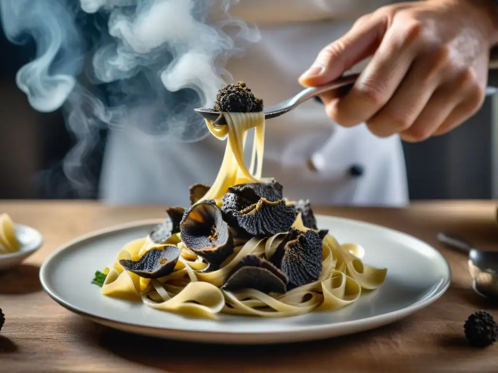 Un chef italiano experto rallando trufa negra sobre tagliatelle casera en una cocina rústica