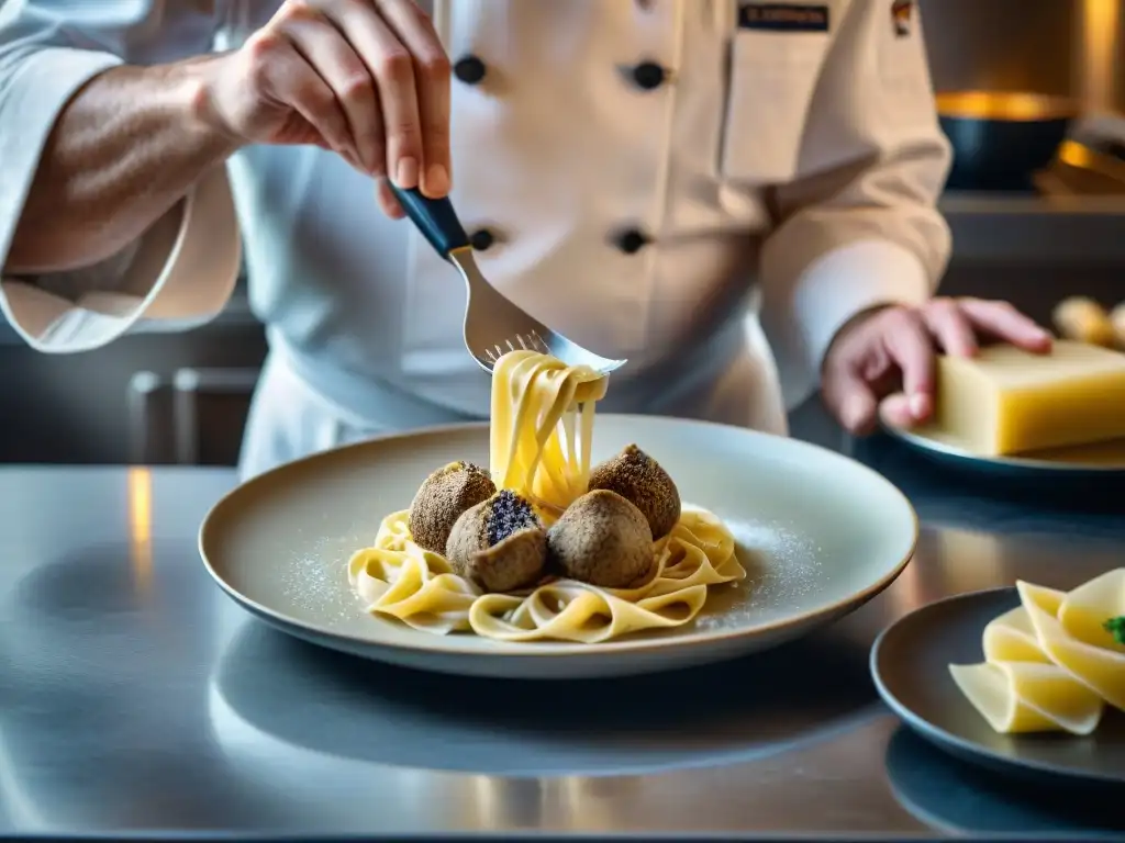 Un chef italiano experto rallando trufa blanca sobre pasta fresca, destacando la elegancia y arte de la gastronomía mundial