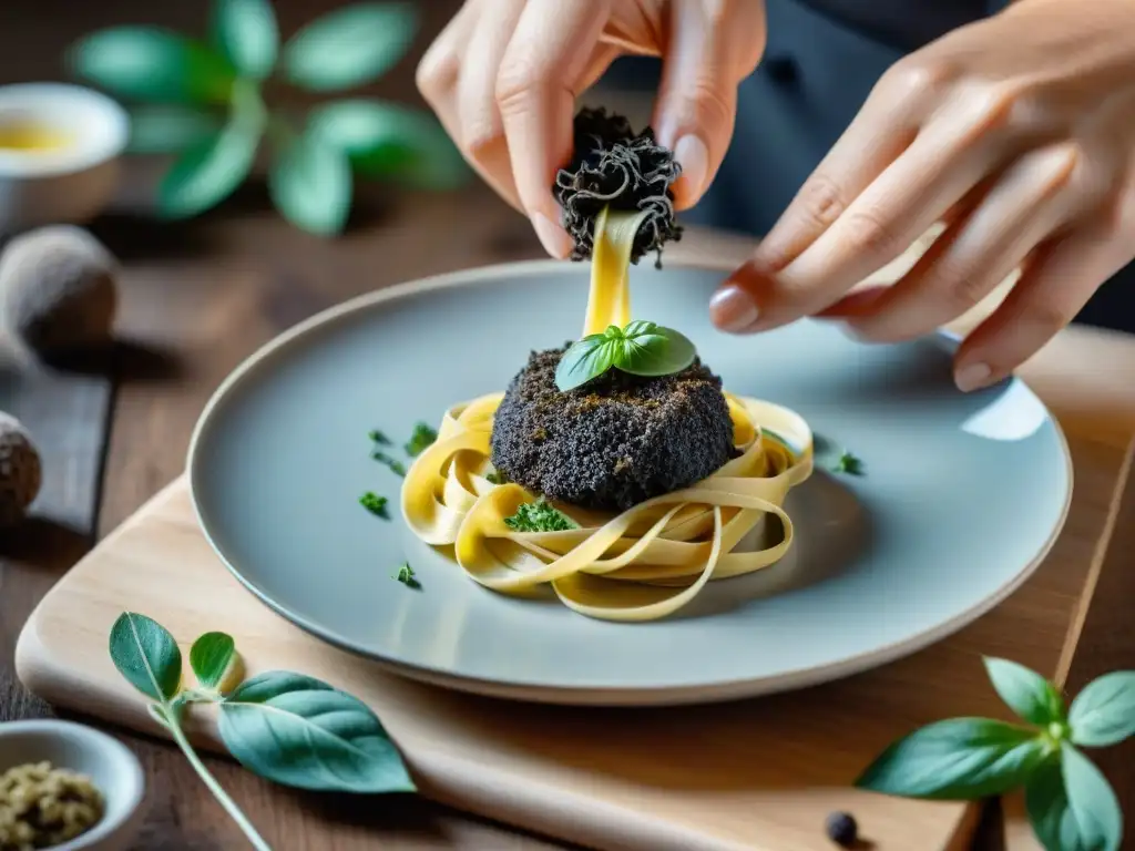 Un chef italiano experto rallando trufas negras sobre tagliatelle artesanal, con aceite de trufa y hierbas frescas