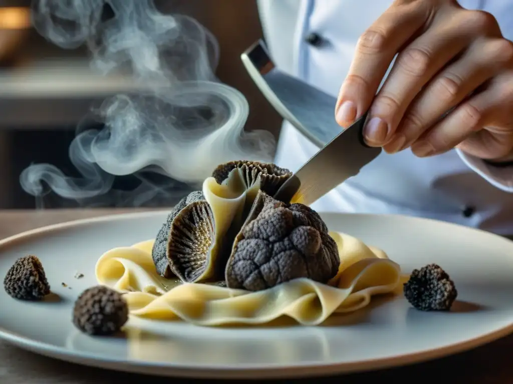 Un chef italiano experto rallando trufas frescas sobre pasta casera, en una escena que captura la esencia de la cocina italiana y las trufas