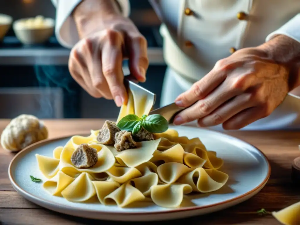 Un chef italiano experto rallando trufas blancas sobre pasta casera en una cocina rústica