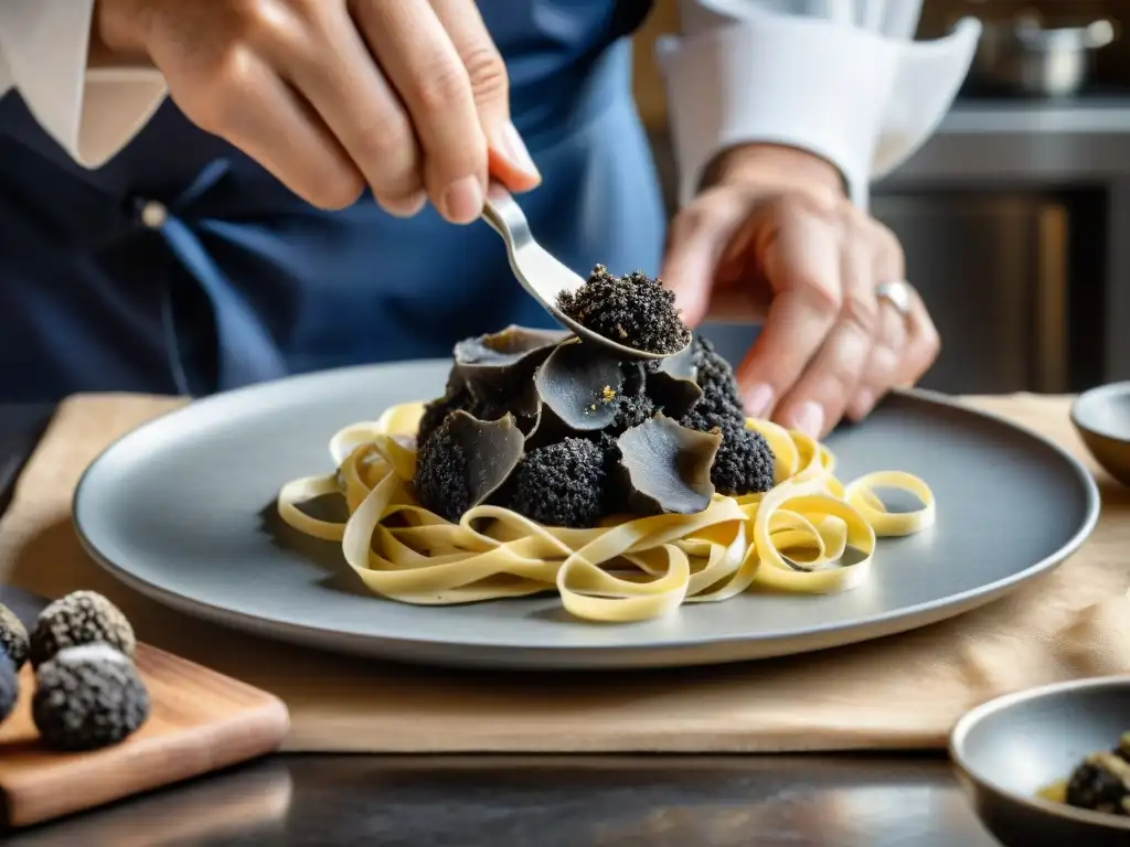 Un chef italiano experto rallando trufas negras frescas sobre tagliatelle casero, con las trufas brillando bajo la luz de la cocina