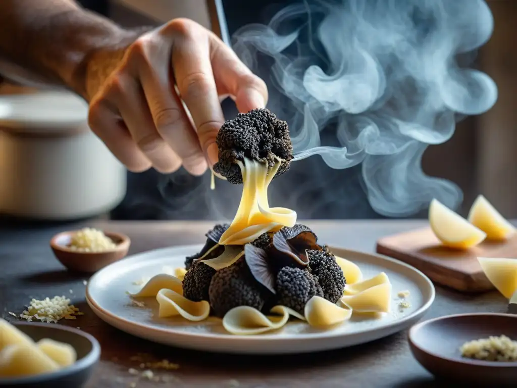 Un chef italiano experto rallando trufas frescas sobre pasta casera en una cocina rústica