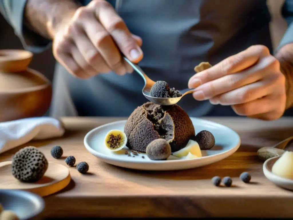 Un chef italiano experto cazando trufas negras en una cocina rústica llena de utensilios tradicionales