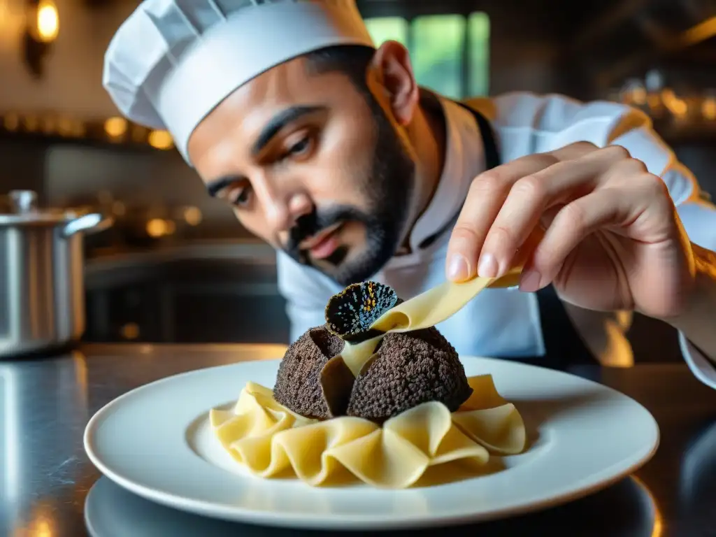 Chef italiano experto añadiendo trufas negras a pasta artesanal en cocina moderna en Umbría