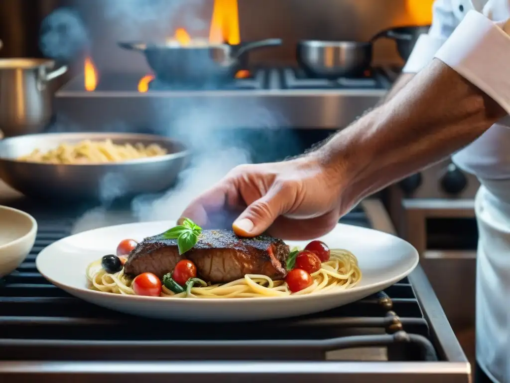 Un chef italiano experto usando utensilios de cocina italianos en una cocina rústica