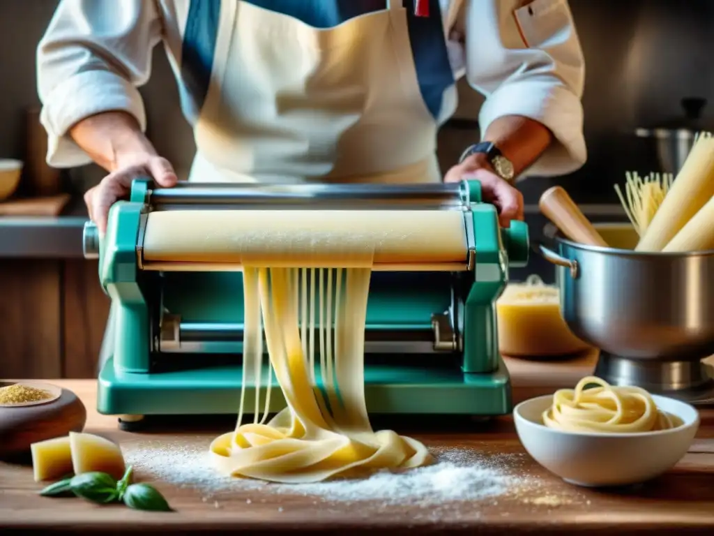 Un chef italiano experto utiliza utensilios especiales en una cocina rústica mientras prepara pasta fresca