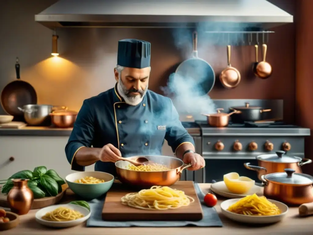 Un chef italiano experto usando utensilios de cocina italianos auténticos en una cocina tradicional