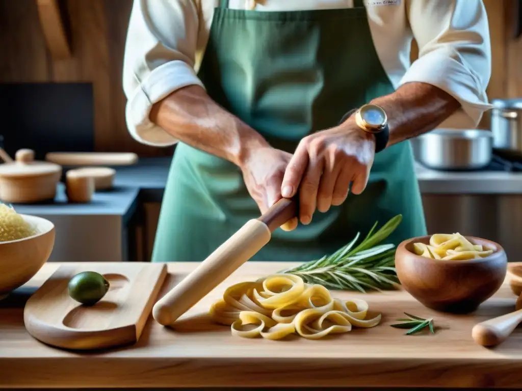 Un chef italiano experto usando utensilios de cocina italiana tradicionales en una cocina rústica