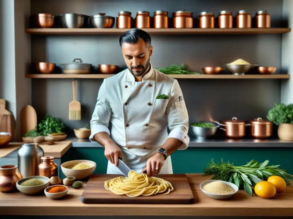 Un chef italiano experto utiliza utensilios de cocina italianos en una cocina rústica llena de tradición culinaria