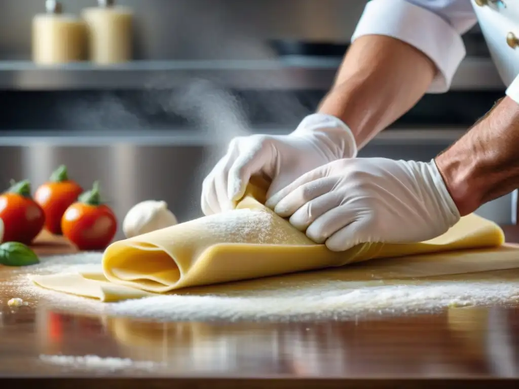 Un chef italiano experto en un viaje culinario, amasa pasta fresca con destreza