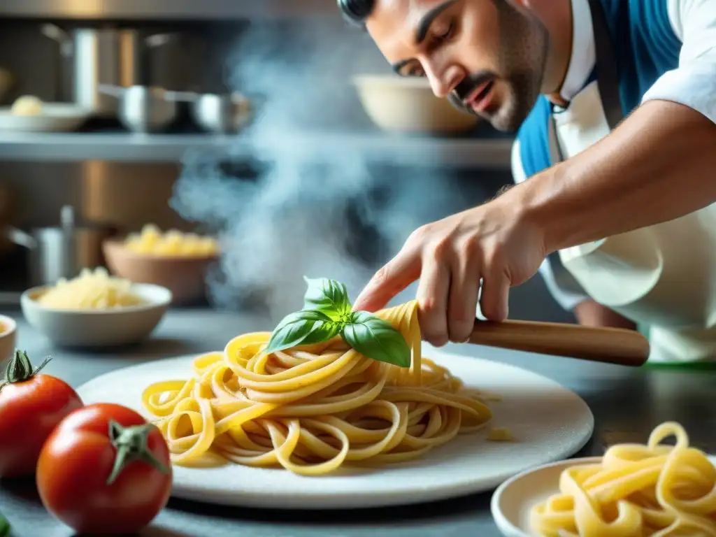 Un chef italiano experto dando vida a un plato de pasta tradicional en una cocina bulliciosa