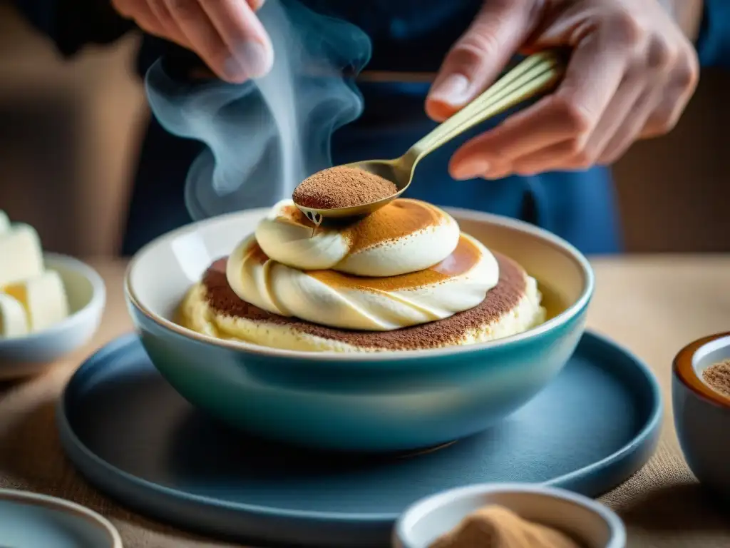 Un chef italiano mezcla una exquisita crema de tiramisú con utensilios de cocina, evocando arte culinario