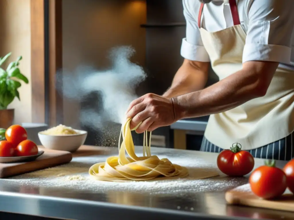 Un chef italiano famoso preparando pasta casera en una cocina rústica con ingredientes frescos