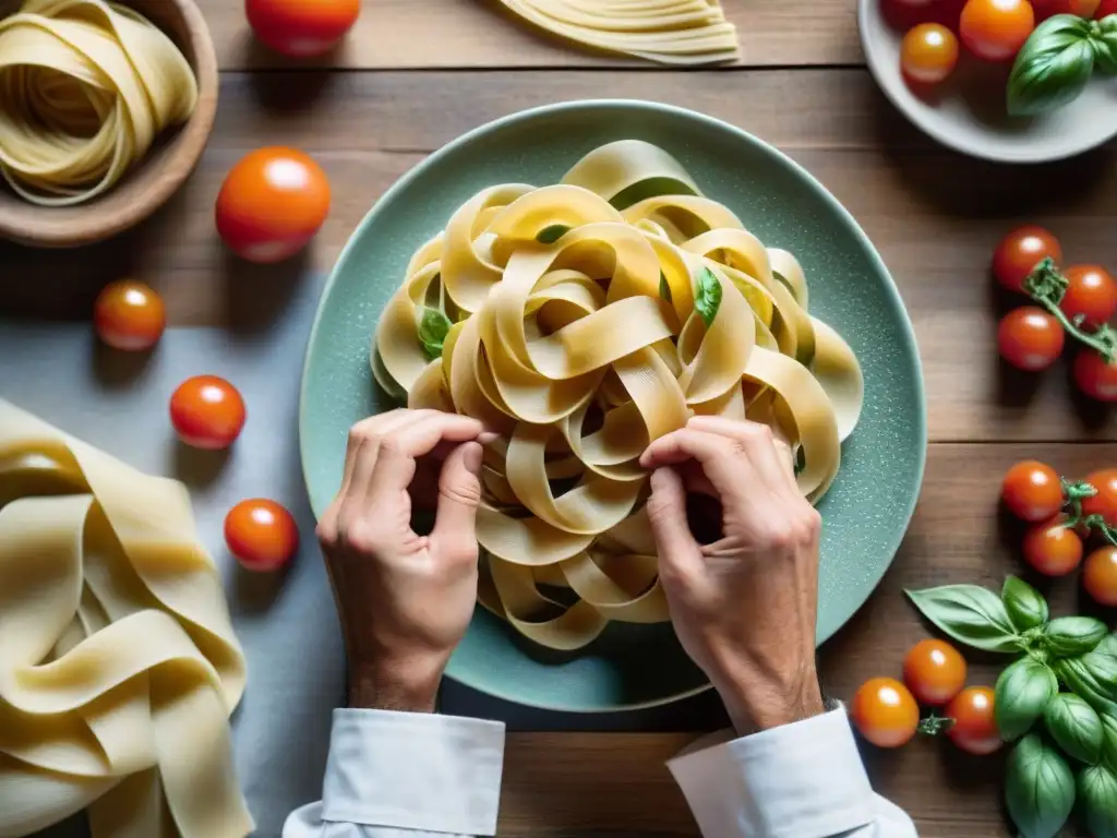 Un chef italiano famoso creando pasta a mano, rodeado de ingredientes frescos