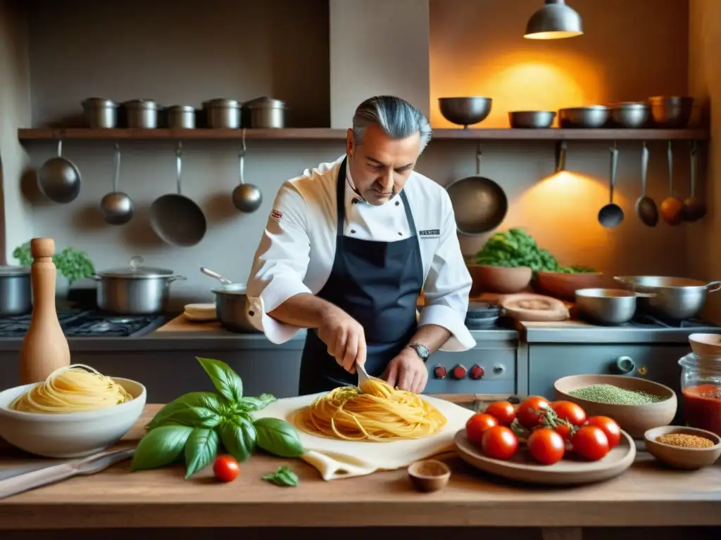 Chef italiano famoso preparando pasta casera con salsa de tomate y albahaca en cocina toscana