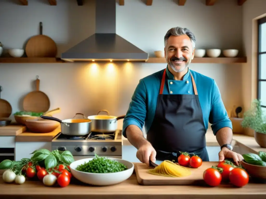 Chef italiano famoso compartiendo secretos de cocina con alumnos en ambiente tradicional