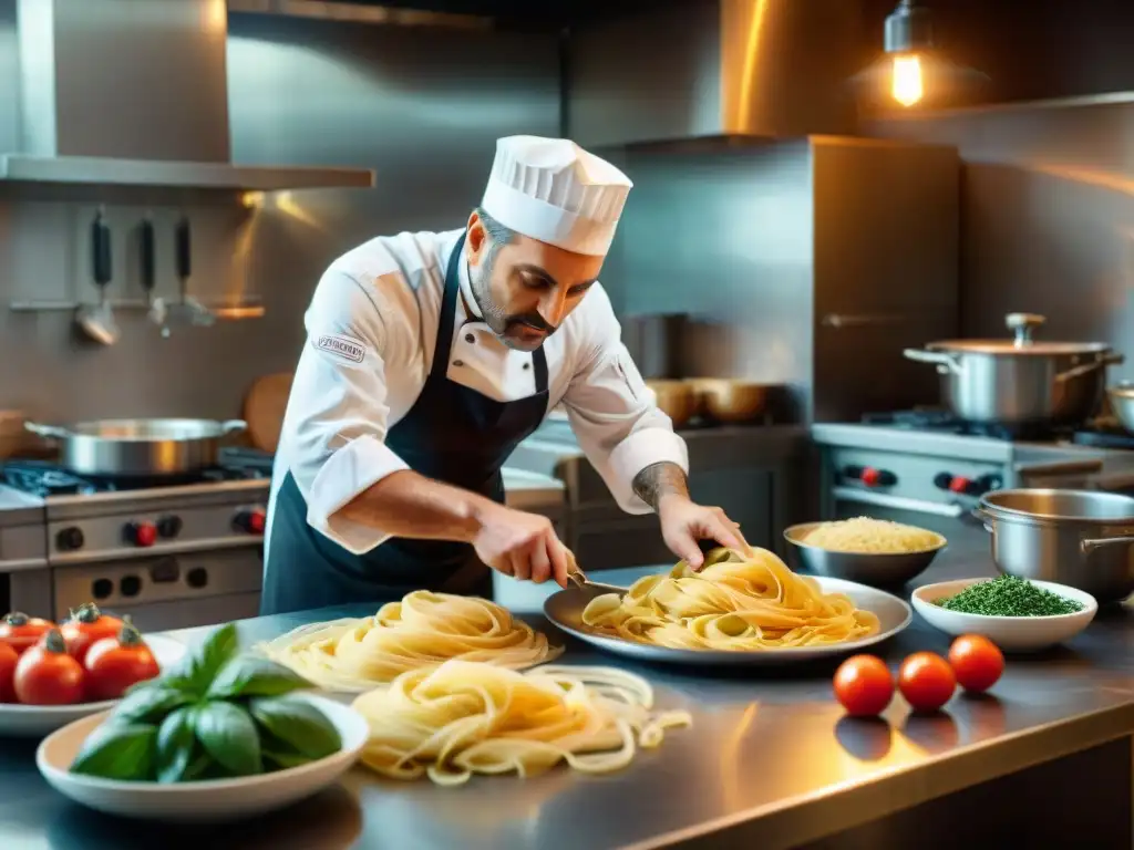 Un chef italiano famoso revelando los secretos de la cocina tradicional rodeado de ingredientes frescos como tomates maduros, albahaca y pasta casera