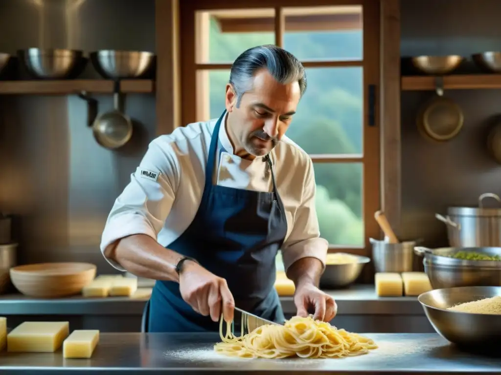 Un chef italiano famoso revela los secretos de la cocina mientras prepara pasta artesanal en una cocina rústica