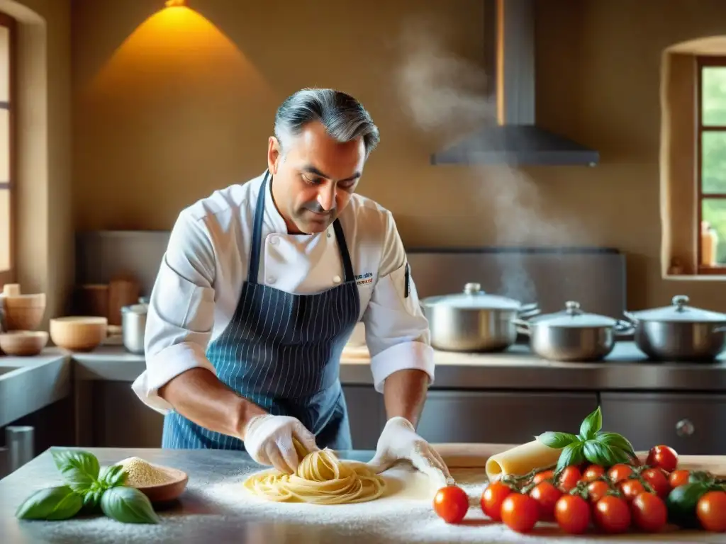 Chef italiano crea farfalle con destreza en cocina rustica, con ingredientes frescos