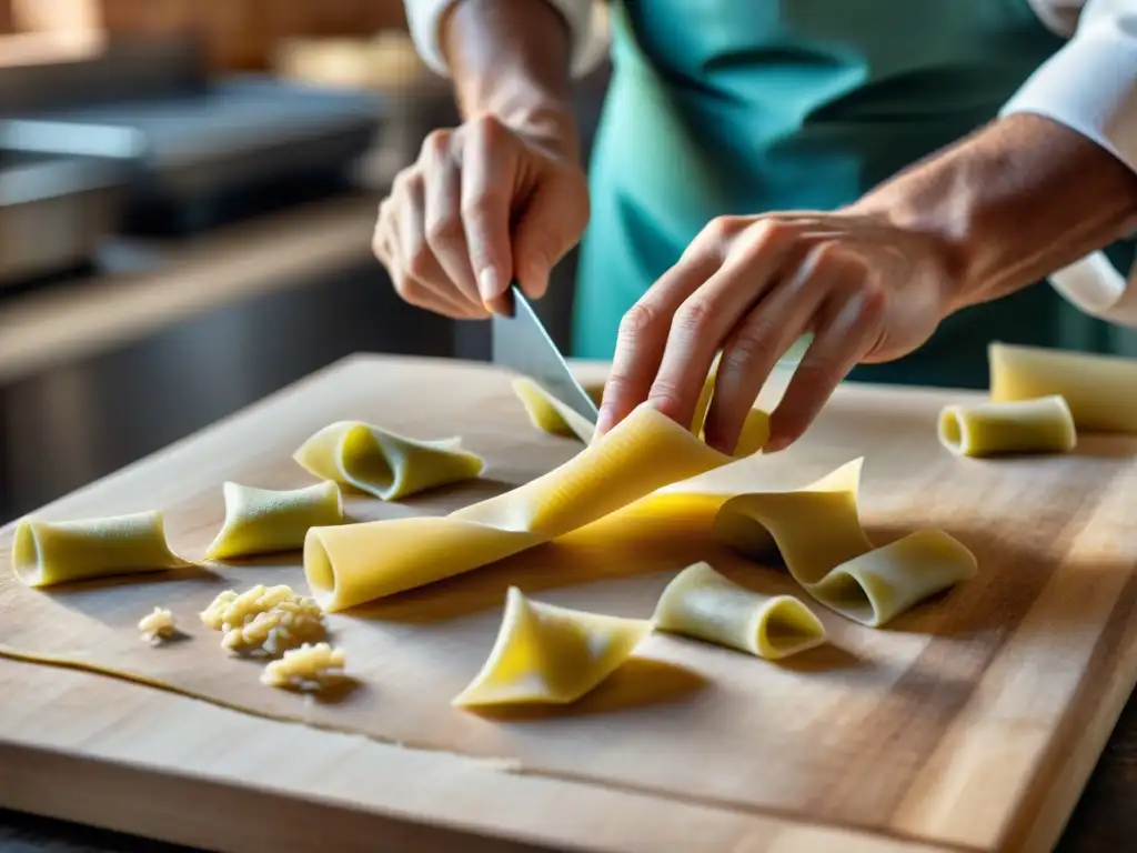 Un chef italiano hábilmente forma farfalle en una cocina rústica, transmitiendo la artesanía y la reducción desperdicios cocina italiana