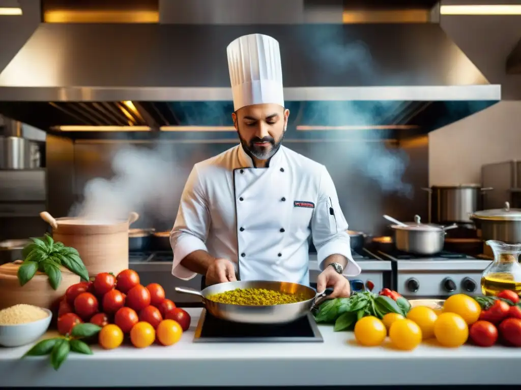 Un chef italiano crea una fusión cultural en cocina italiana, rodeado de ingredientes tradicionales y exóticos