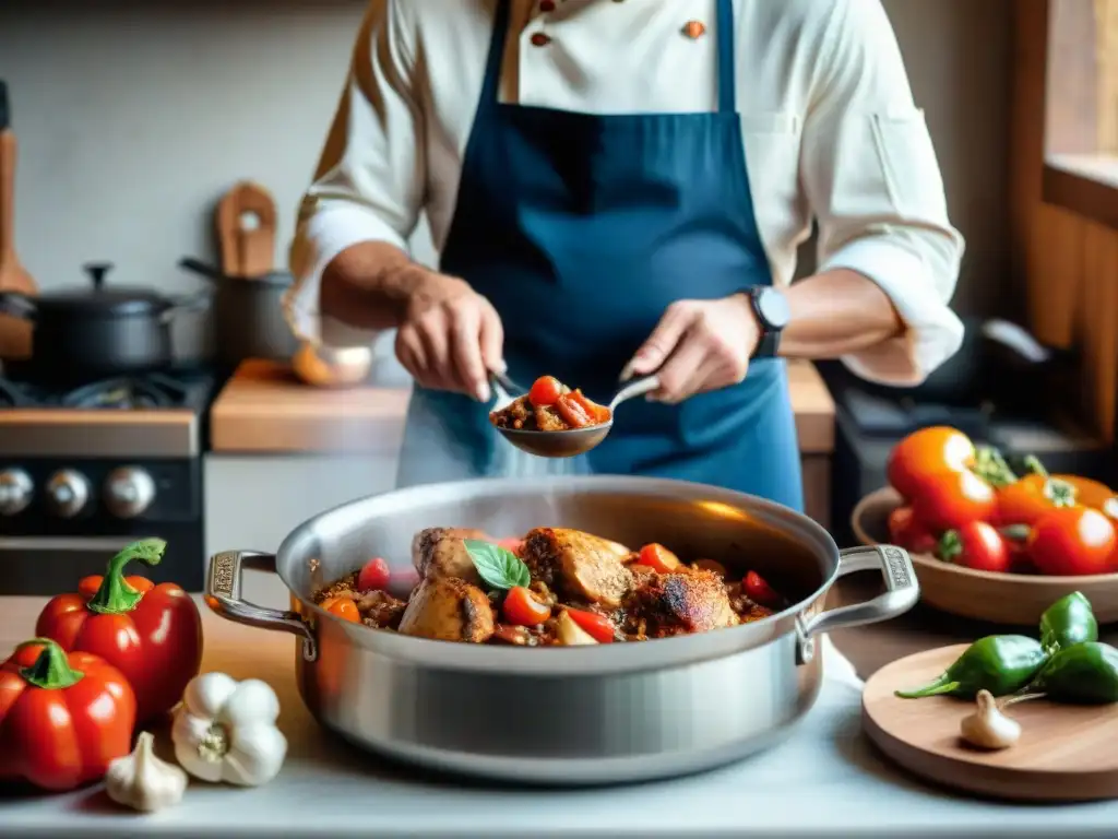 Un chef italiano remueve un guiso de pollo cacciatore en una cocina rústica con ingredientes frescos y aromas deliciosos