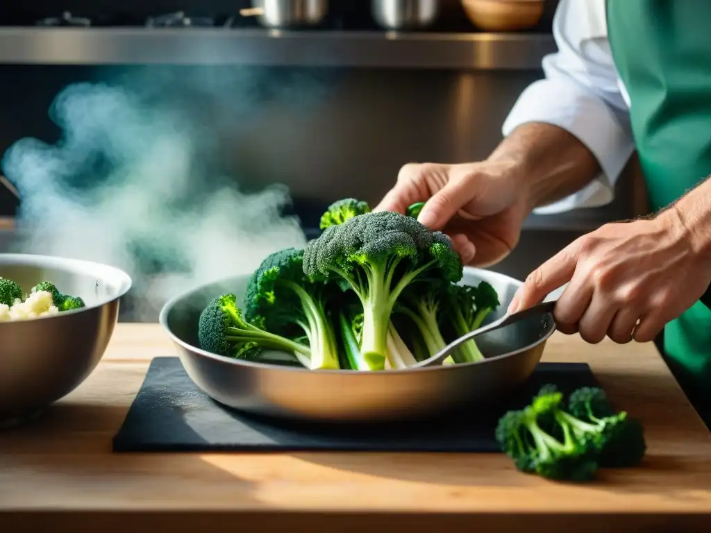 Un chef italiano corta expertamente Brócoli Rabe, transmitiendo tradición y habilidad culinaria