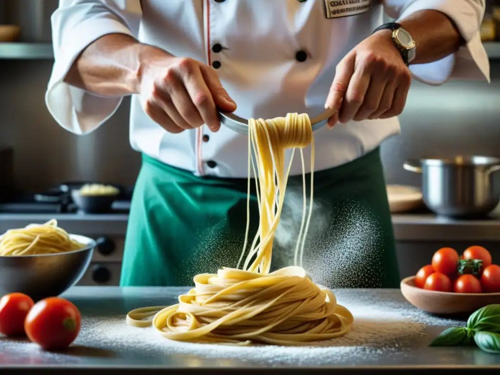 Chef italiano habilidoso en clase de cocina, enrollando masa fresca en el aire con ingredientes tradicionales