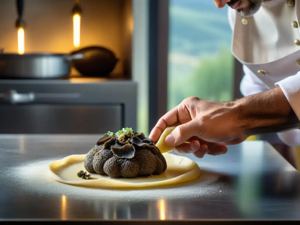 Un chef italiano habilidoso en una cocina tradicional de Umbría, añadiendo trufa negra a una pasta casera