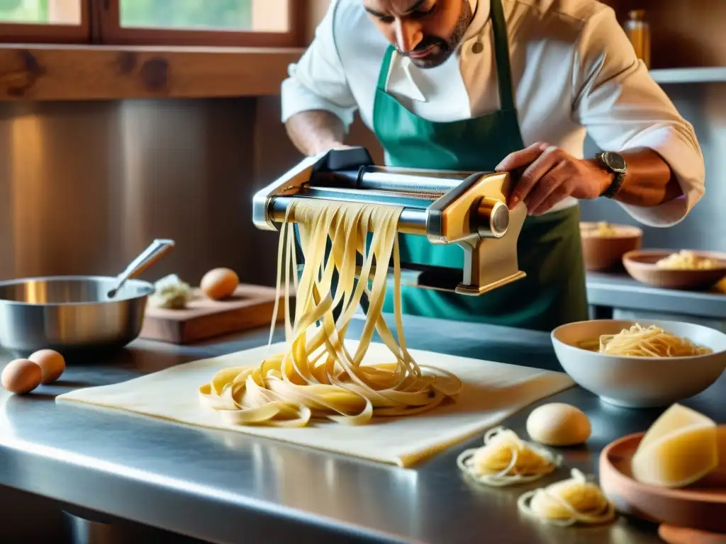 Un chef italiano habilidoso corta fettuccine con destreza, en una cocina bañada por luz cálida