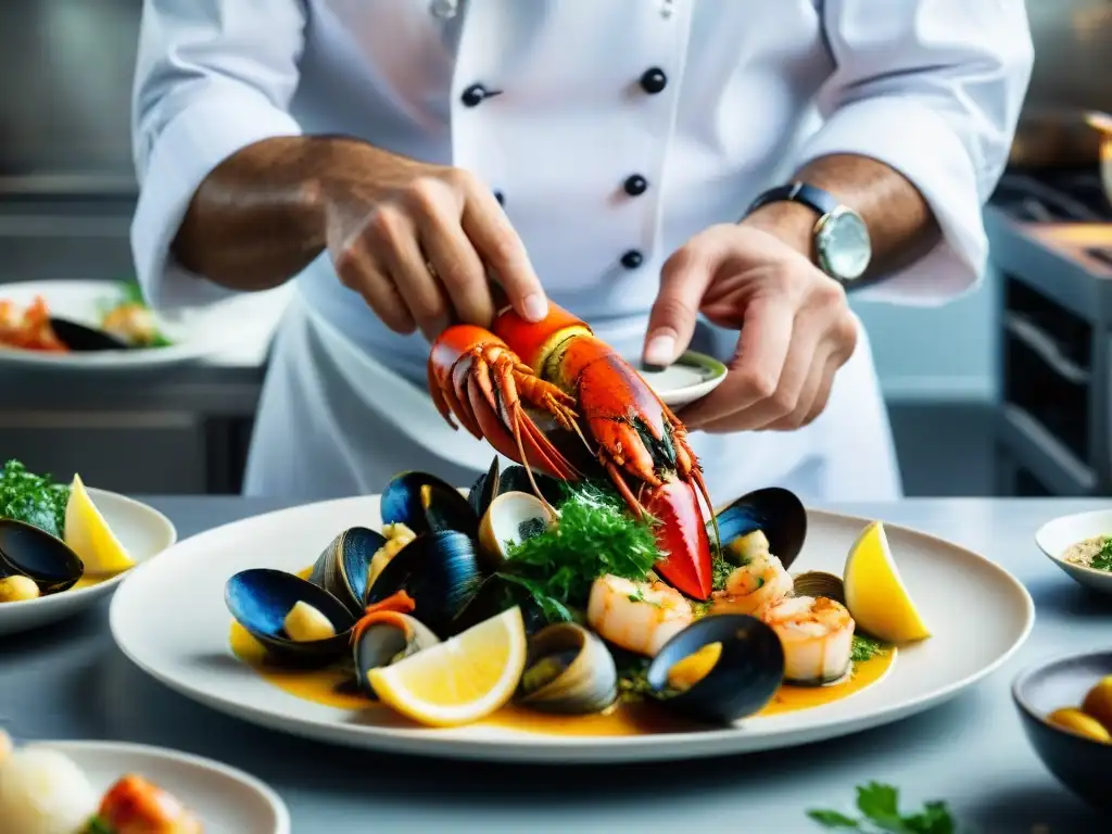 Un chef italiano habilidoso preparando mariscos con técnicas innovadoras en cocina italiana