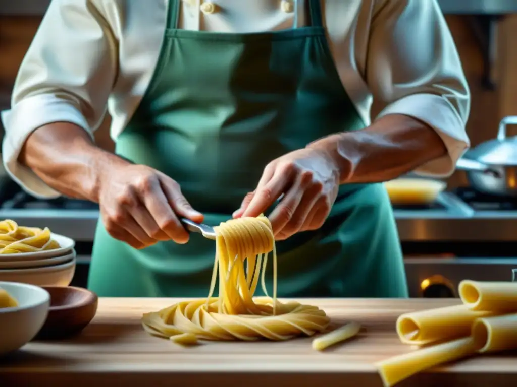 Un chef italiano hábil crea herramientas de pasta personalizadas con detalle artesanal en su taller culinario