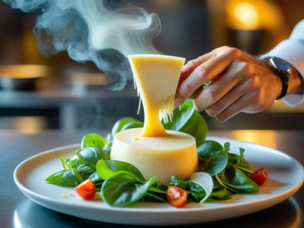 Un chef italiano influyente rallando Parmigiano Reggiano sobre una ensalada vibrante en una cocina bulliciosa