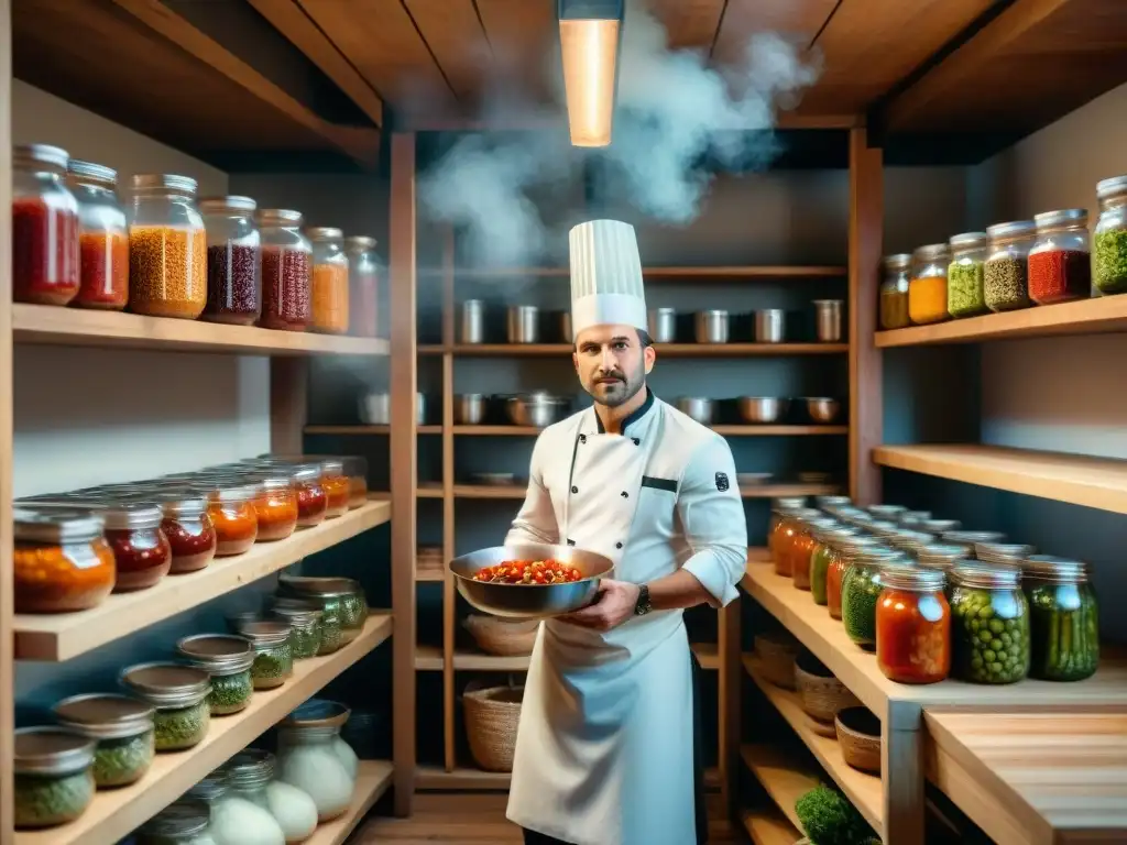 Chef italiano preservando ingredientes en cocina tradicional con conservación al vacío