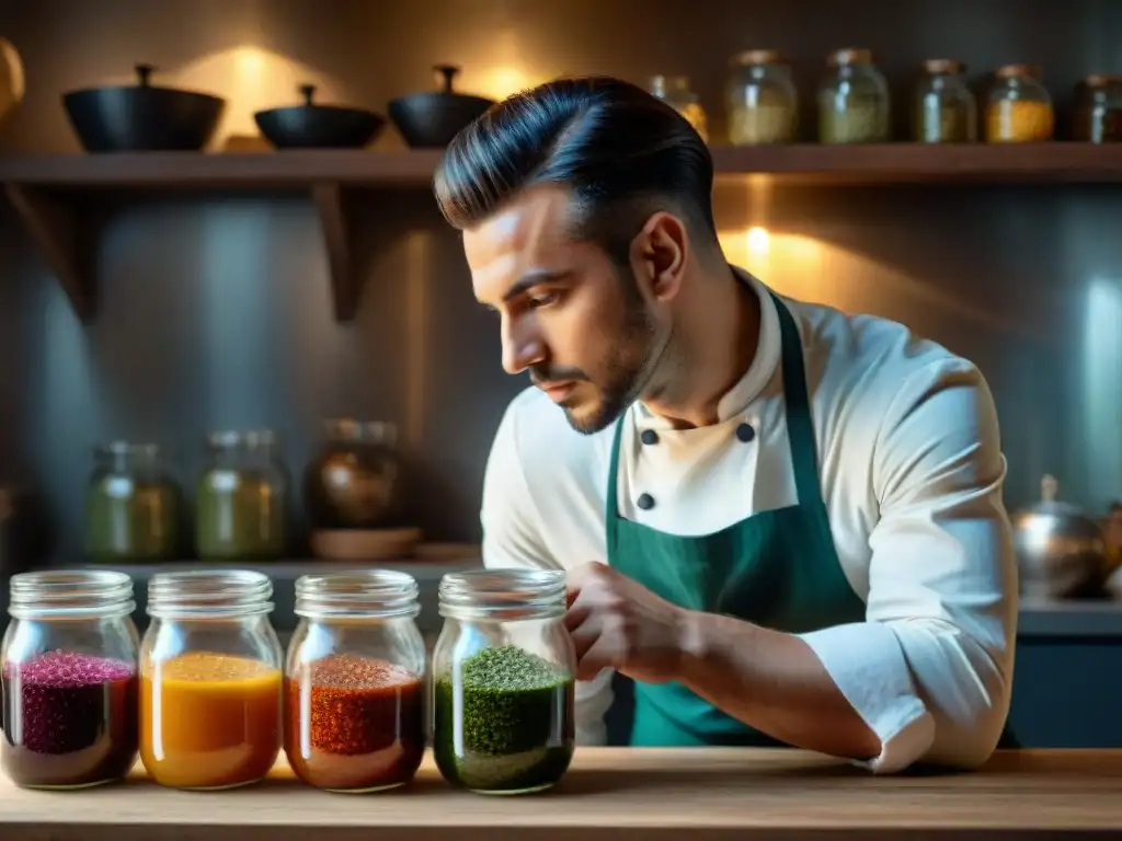 Un chef italiano inspecciona ingredientes fermentados en una cocina rústica, transmitiendo innovación en tendencias culinarias