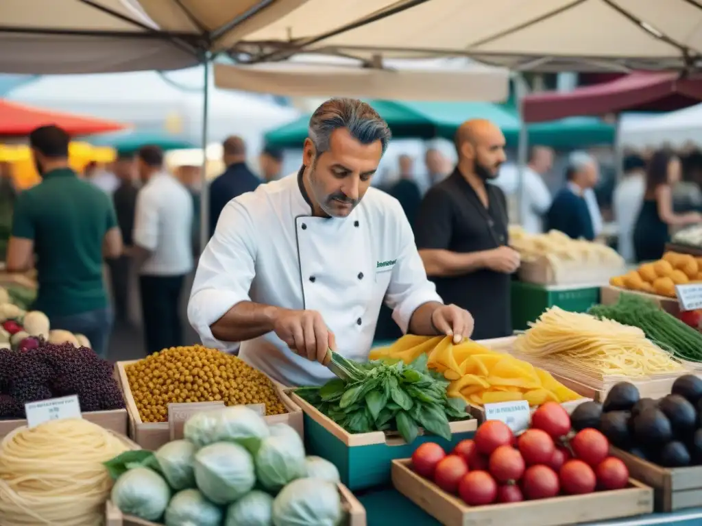 Un chef italiano seleccionando ingredientes frescos en un animado mercado, rodeado de aromas y colores