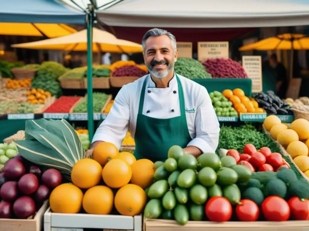 El chef italiano selecciona ingredientes frescos bajo el sol mediterráneo en un animado mercado italiano