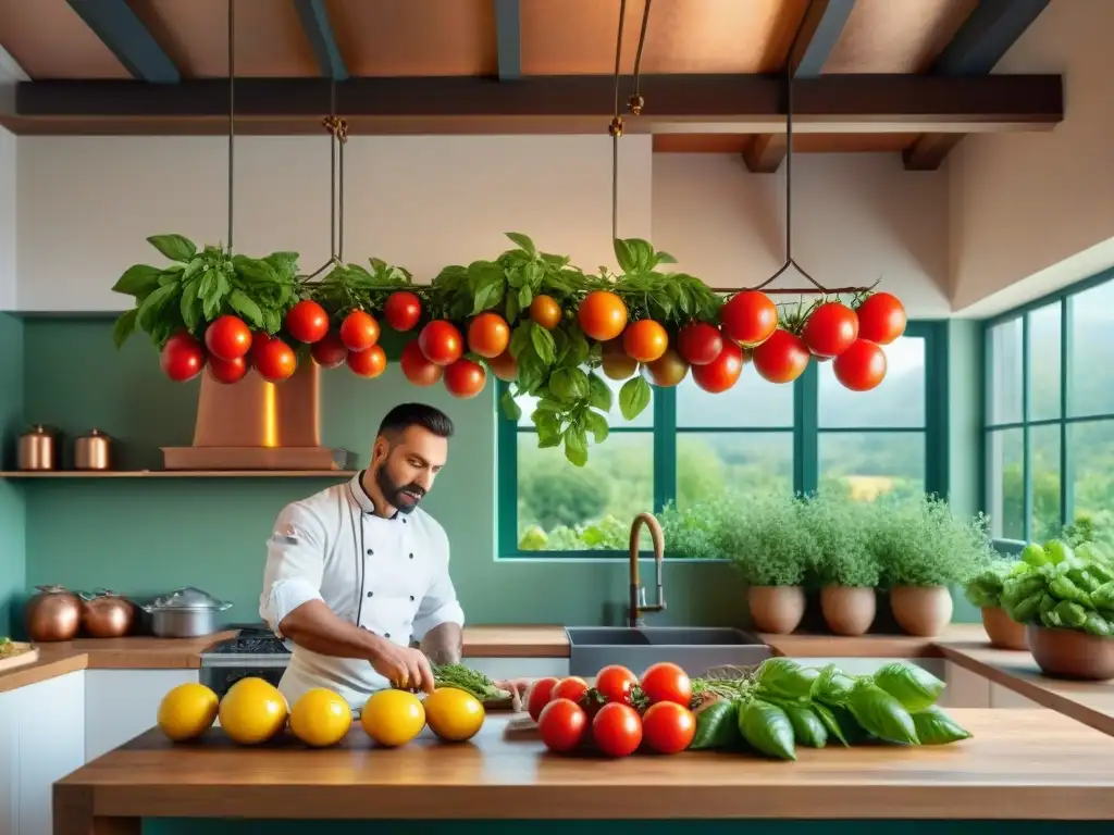 Un chef italiano preparando ingredientes frescos en una cocina primaveral