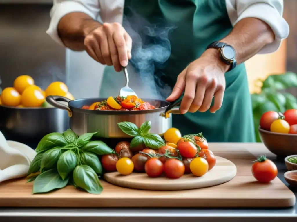 Chef italiano transformando ingredientes en plato gourmet, reducción desperdicio cocina italiana