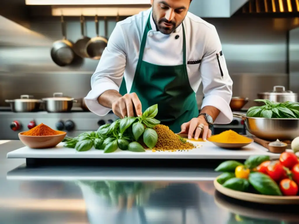 Un chef italiano combina ingredientes tradicionales con sabores internacionales en una cocina moderna y bulliciosa