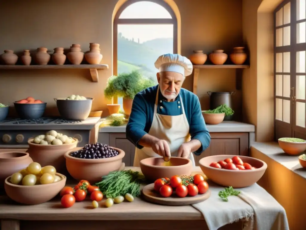 Un chef italiano mayor fermenta ingredientes tradicionales en una cocina cálida y luminosa