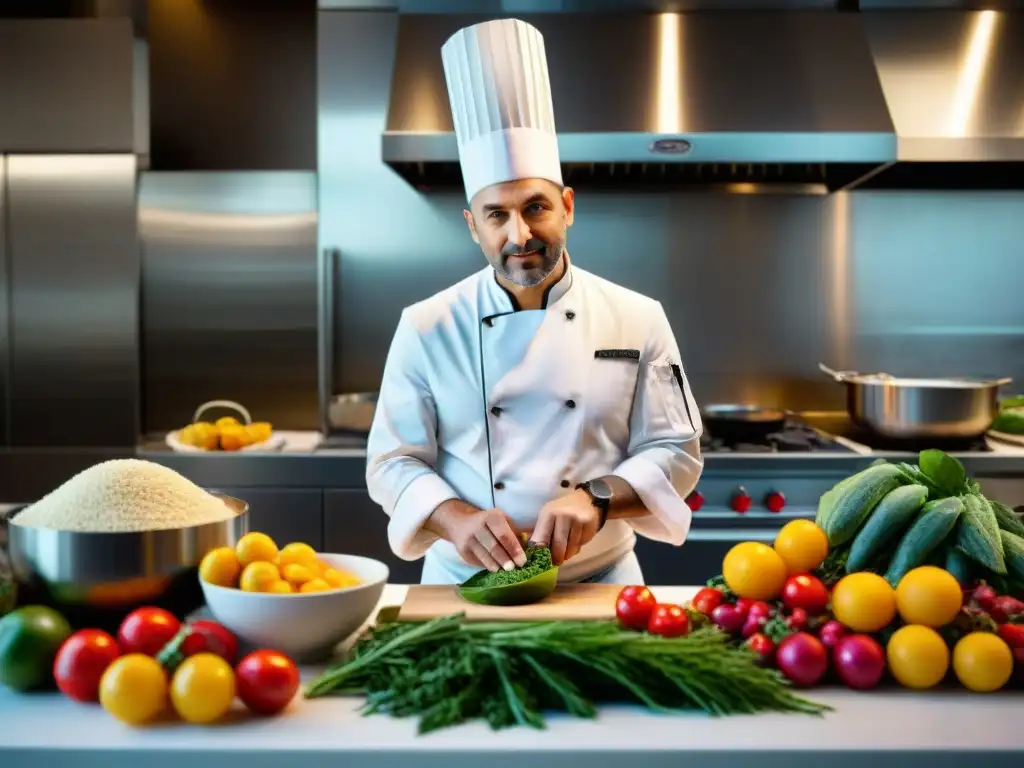 Chef italiano innovador: tradición y precisión en la cocina moderna Un chef italiano innovador en la cocina moderna, fusionando tradición e innovación